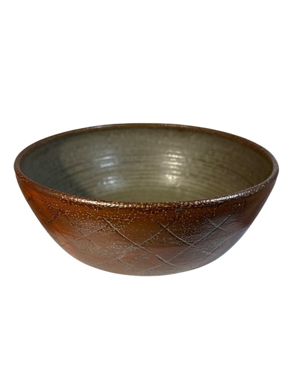 Brown Pottery Bowl Textured Crosshatch Glazed Interior Rustic Studio Signed 8.25